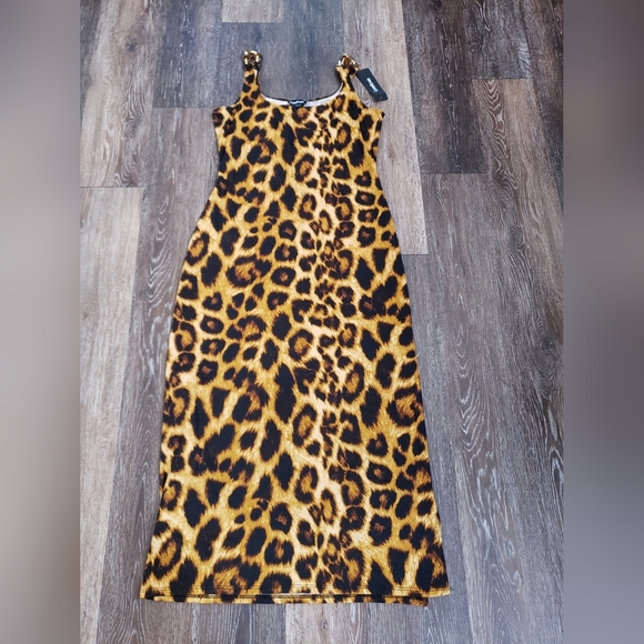 BEBE Leopard Print Midi Dress with Chain Straps Size ) - Picture 2 of 9